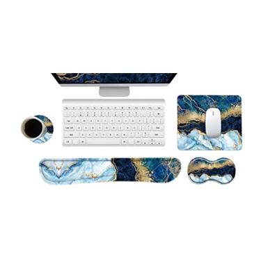 Imagem de ArtSo Teclado descanso de pulso e mouse pad com conjunto de suporte de pulso porta-copos ergonômico, mousepad de espuma de memória base de borracha antiderrapante durável confortável para facilitar a digitação alívio da dor, mármore azul