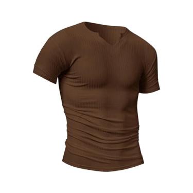 Imagem de WDIRARA Camiseta masculina de malha canelada com gola V entalhada, manga curta, camiseta de verão, Marrom café, P