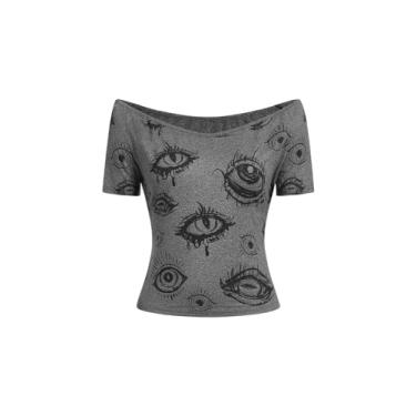 Imagem de SOLY HUX Camisetas femininas com ombros de fora, gola V, manga curta, estampa Y2k, Estampa de olho cinza claro, M