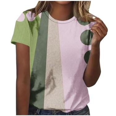 Imagem de MaMiDay Camiseta feminina estampada de patchwork 2024 verão moderna manga curta gola redonda camiseta pulôver leve macio, rosa, XXG