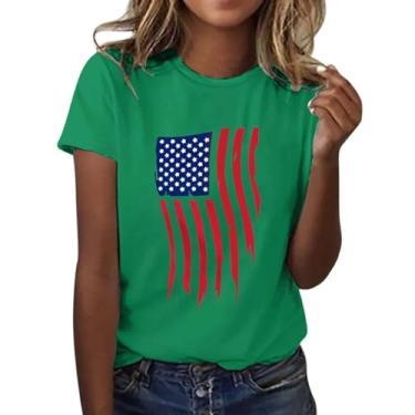 Imagem de Camiseta feminina moderna casual com bandeira do Dia da Independência estampada gola redonda manga curta blusas elegantes, Verde, P