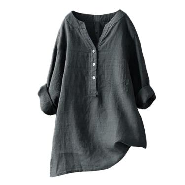 Imagem de Camisas de linho femininas de manga comprida com gola V e botões túnica casual moderna 2024 verão elegante lisa, Cinza escuro, M