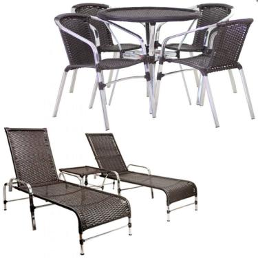 Imagem de Kit 4 Cadeiras Floripa e Mesa Tampo Tramado com 2 Espreguiçadeiras Catar e Mesa Piscina, Jardim, Varanda, Área