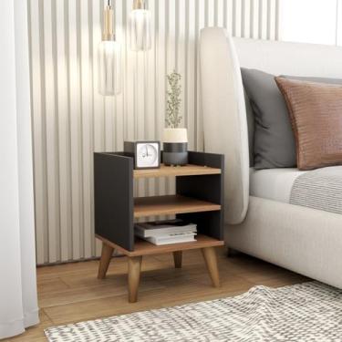 Imagem de Mesa de Cabeceira Retrô Pés Palito de Madeira Mesinha Lateral Preto + Freió