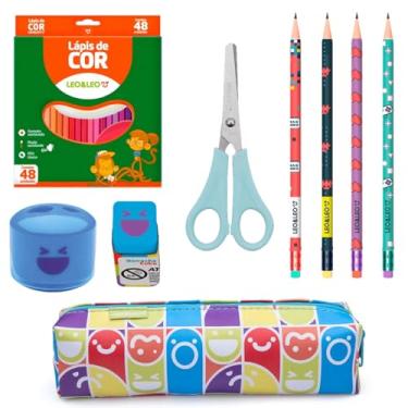 Imagem de Material Escolar Básico Volta as Aulas Lápis de Cor 48 cores Apontador Borracha Tesoura Lapis Grafite Estojo - Leo e Leo (Azul)
