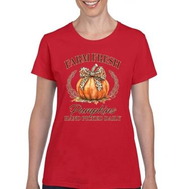 Imagem de Camiseta feminina Farm Fresh Pumpkins outono aconchegante estação milho labirinto festival dia de ação de graças peru outono linda camiseta feminina, Vermelho, XGG