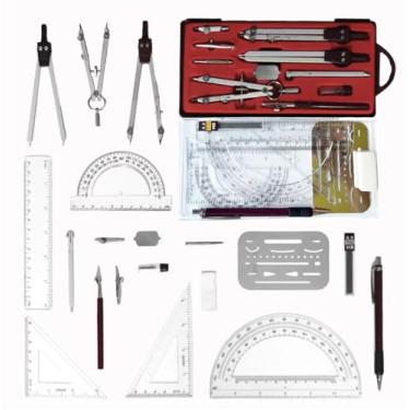 Imagem de Bússola para ferramentas de desenho geométrico 18 peças conjuntos geométricos réguas de metal para ferramentas de desenho de arquitetura e kits para transferidor escolar e conjunto de réguas de