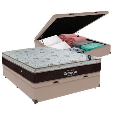 Imagem de Cama Box Baú Casal Bege e Colchão Sleep King Molas Ensacadas Ortobom
