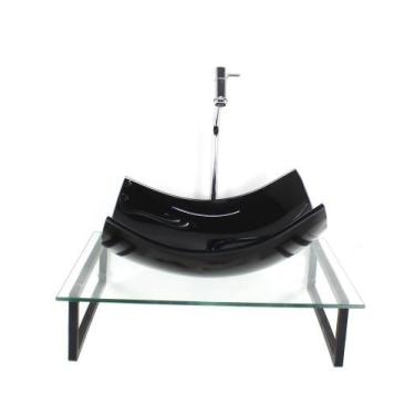 Imagem de Kit cuba de vidro retangular 10mm preta com tampo 50cm incolor e supor