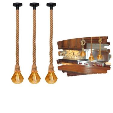 Imagem de Kit 3 Pendentes Corda Sisal Rústico De 1,80m Com Lâmpadas Led Formato 