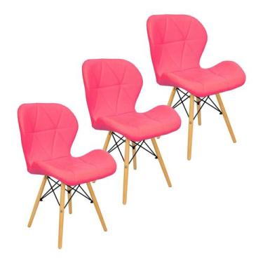 Imagem de Kit 3 Cadeiras Charles Eames Eiffel Slim Wood Estofada - Rosa - Lianto
