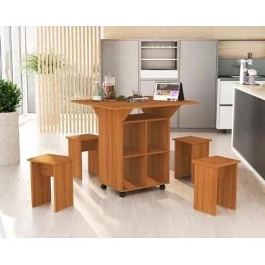 Imagem de Mesa De Cozinha Dobrável 90cm Annie C/ Bancos e Rodizio 100% Mdf -Natu