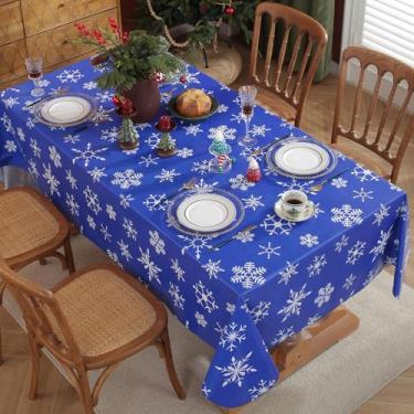 Imagem de Toalha de mesa azul de Natal, estampa de floco de neve branca, toalha de mesa de vinil de flanela para mesas retangulares, capa de mesa de plástico PVC à prova d'água para ano novo, inverno, festas de