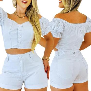 Imagem de Conjunto Jeans Feminino Short Barra Dobrada Cintura Alta 2 Peças Stand