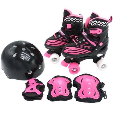 Imagem de Patins Infantil Quad 4 Rodas Com Kit Proteção Preto E Rosa - Unitoys
