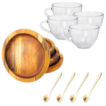 Imagem de Xicara chá com pires de madeira colher de coração para mesa - Carmisin