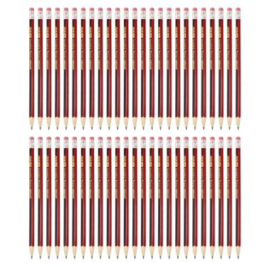 Imagem de M&G Lápis hexagonais de madeira, 50 peças, lápis redondos de grafite com borracha para sala de aula, material de escritório, vermelho, preto