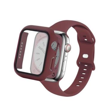 Imagem de Pulseira de relógio fina e capa compatível com Apple Watch séries 9, 8, SE, 7, 6, 5, 4 mm, 45 mm, de 40 mm, 41 mm, 44 mm e 45 mm, para mulheres e homens (vinho tinto, 44 mm)