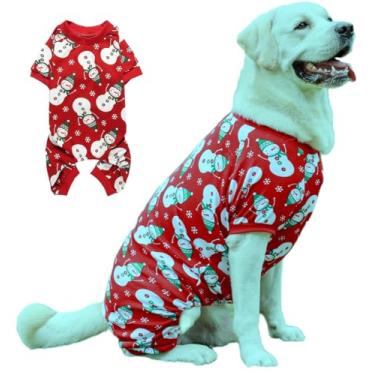 Imagem de Lanyarco Pijama de Natal com boneco de neve de algodão para cães grandes, costas 58,4 cm GG vermelho