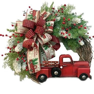Imagem de Belas Guirlanda de outono criativa para porta da frente caminhão vermelho guirlanda de natal para casa de fazenda interior fácil pendurar guirlanda para pano de fundo de parede decorativo diverso