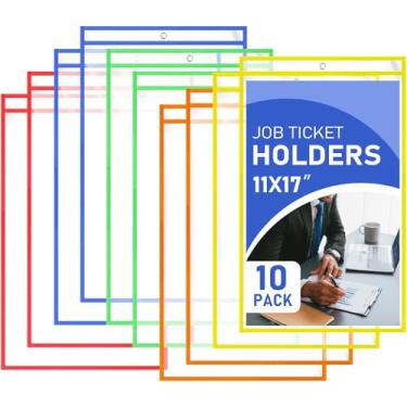 Imagem de Feifeiya Pacote com 10 porta-bilhetes de trabalho de 28 x 43 cm, mangas de papel transparentes, bolsos apagáveis a seco, porta-bilhetes de loja, porta-documentos graváveis e apagáveis, capa de bolso