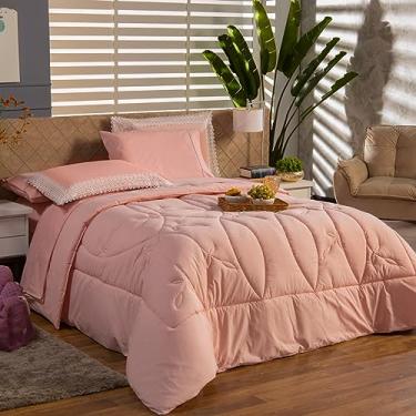 Imagem de Kit Edredom Cobertor KING 03 Peças Liso Florença Guipir Dupla Face com Fronhas - Percal Algodão 200 Fios Toque Macio Cheio Grosso (Rosê)