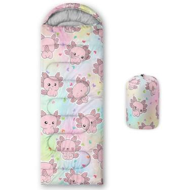 Imagem de AILONEN Saco de dormir Axolotl de desenho animado infantil para meninos e meninas, adultos, 3 estações, clima quente e frio, leve, impermeável, saco de dormir engraçado para acampamento, caminhada