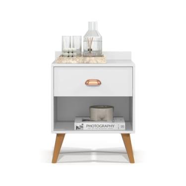 Imagem de Mesa de Cabeceira Quarto Mesinha Apoio Lateral Cama Box Casal Estilo Decoração Retrô Pérola 1 Gaveta (Branco)
