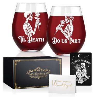 Imagem de Perfectinsoy Conjunto de 2 taças de vinho Til Death Do Us Part com cartão de metal, design de tema gótico de caveira, presentes de casamento de aniversário, presentes de casal para namorado, namorada,