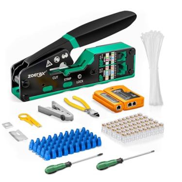 Imagem de ZOERAX Kit De Ferramentas De Crimpagem Ethernet Ferramenta De Crimpagem Rj45, Cat5 Cat6 Pass Through Crimping Tool Para Testador De Cabo De Rede, Multiply Stripper, 50Pcs Cat 6 Pass Through Connecto