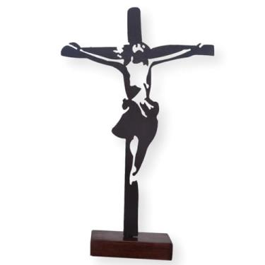 Imagem de Crucifixo Artesanal em Aço Corten (DB59), Base em Madeira Imbuia, 43 x 27 x 12 cm, byFábio Design