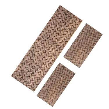 Imagem de Kit Passadeiras De Cozinha Decoração Clean Marrom Quadrado Desenho Tijolinhos Base Antiderrapante Luxo 3 Pçs