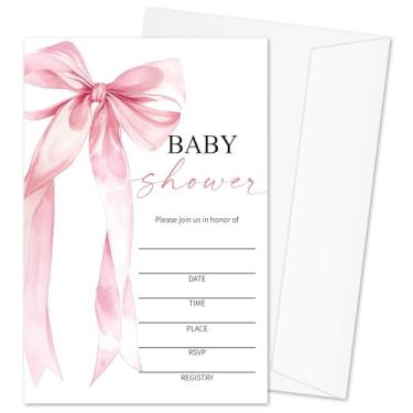 Imagem de mermermu Convites de chá de bebê para meninas, cartões de convite de anúncio de bebê com laço rosa, 25 conjuntos de convites de chá de bebê com envelopes, suprimentos de festa de revelação de gênero