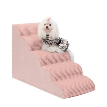 Imagem de Escadas para cães Vfrog Curved de 5 degraus para camas altas 56 cm H rosa