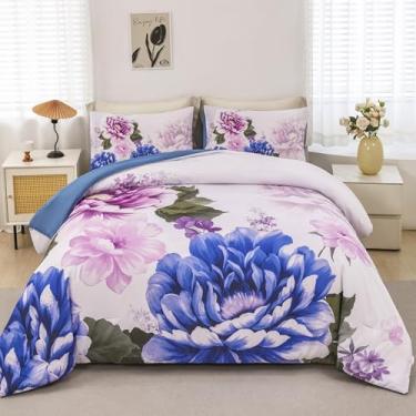 Imagem de RYNGHIPY Jogo de cama floral, tamanho casal, 3 peças, estampa de flores azuis, microfibra macia, 1 edredom e 2 pillocases (branco, azul, tamanho casal)