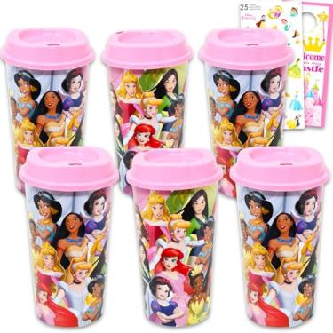 Imagem de Disney Conjunto de lembrancinhas de festa com copo de viagem de princesa - Pacote com 6 copos de princesa com tampas, adesivos e mais | Canecas de viagem Disney para meninas, adolescentes, adultos