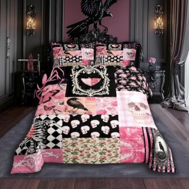 Imagem de Jogo de cama Queen com estampa de corvo de Halloween, estampa de aranha, crânio, rosa, aranha, patchwork, rosa, preto, quadriculado, listrado, gótico, boêmio, para crianças, meninas, adolescentes,