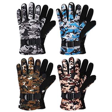 Imagem de Hicarer 4 pares de luvas de inverno para crianças, à prova d'água, para esqui na neve, roupas de camuflagem unissex quentes para clima frio, meninas, meninos e crianças, amarelo, verde, azul, cinza, 1