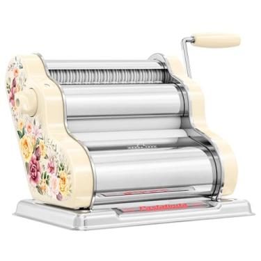 Imagem de PASTALINDA Máquina clássica de 200 massas, rolos de 20 cm de largura, 9 posições de espessura, 2 posições de corte, aço inoxidável. Inclui manivela de mão reforçada e dois grampos