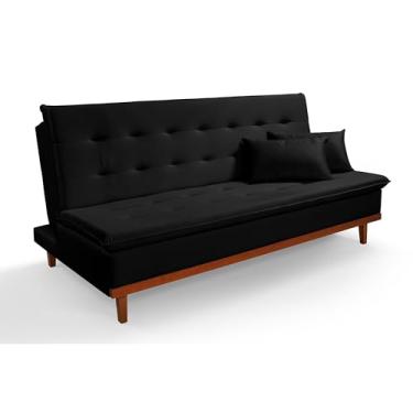 Imagem de Sofá Cama Reclinável Santorini Cor Preto Veludo Premium 3 Lugares Casal Pés de Madeira