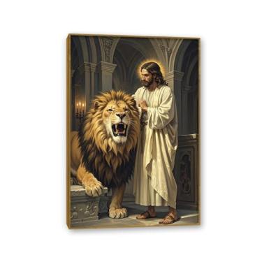 Imagem de Arte de parede em tela de Jesus e Cordeiro, O Leão de Judá Jesus, Pôster de Rei Leão Cristão Jesus Impressão de Pintura Religiosa Arte Igreja Decoração de Parede Imagens 45 x 30 cm Moldura dourada