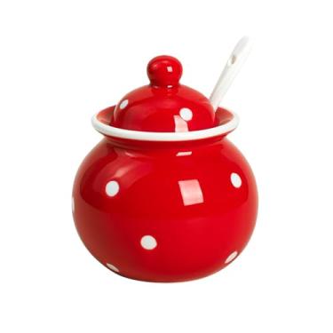 Imagem de Pote de tempero de pote de armazenamento de pimenta de sal de açúcar com tampa e colher Ceramics Dot, Vermelho, free