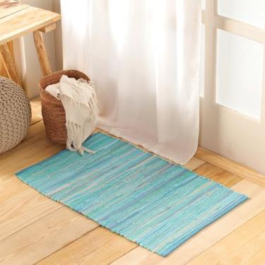 Imagem de HOMEMONDE Tapete Chindi azul-petróleo 50,8 cm x 81,3 cm de algodão macio reciclado feito à mão reversível boho tapetes de pano para entrada, capacho, cozinha, quarto, sala de estar
