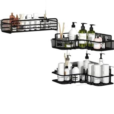 Imagem de Kit 2 Prateleiras Suporte Com Alto Adesivos Para Parede Banheiro Cozinha Lavanderia Shampoo Sabonete(Kit 2 Canto + 1 Reta)