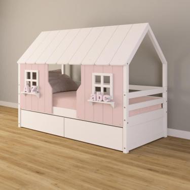 Imagem de Cama Casinha Encantada com 02 Gavetas Madeira Maciça Rosa/ Branco Housin
