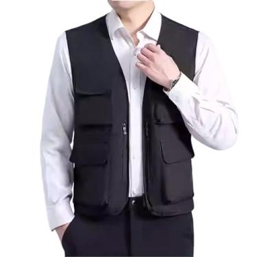 Imagem de Colete De Pesca Leve E Respirável Para Trabalho Com Vários Bolsos, Para Homens Ao Ar Livre, Jaqueta De Fotografia Sem Mangas Com Zíper Para Viagem Verão, Seu Acampamento, Caminhada(Black,4X-Large)