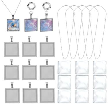 Imagem de DELORIGIN 10 conjuntos de bandejas pendentes de bisel, blocos quadrados de joias de 2,5 cm, incluindo 10 bandejas de bisel de aço inoxidável, 10 cabochão de vidro transparente, 10 correntes grossas