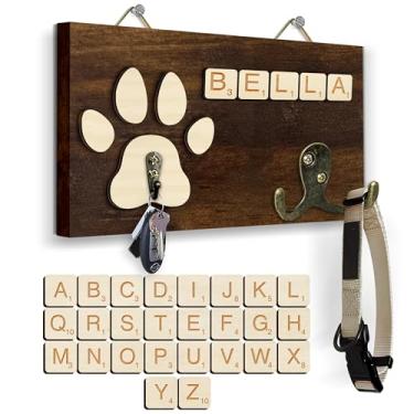 Imagem de Suporte de parede para trela para cães, cabide de arnês para animais de estimação com letras Scrabble, organizador de coleira de cachorro para entrada, suporte de chave de coleira de gato para parede