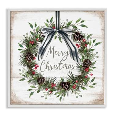 Imagem de Stupell Industries Guirlanda rústica de pinha de Natal com arte giclée emoldurada branca, design por Elizabeth Tyndall, 30,5 x 30,5 cm