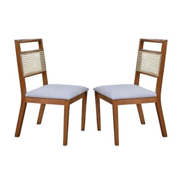 Imagem de Conjunto 2 Cadeiras De Jantar Luna Com Rattan Couro Pérola Com Pés Em Madeira